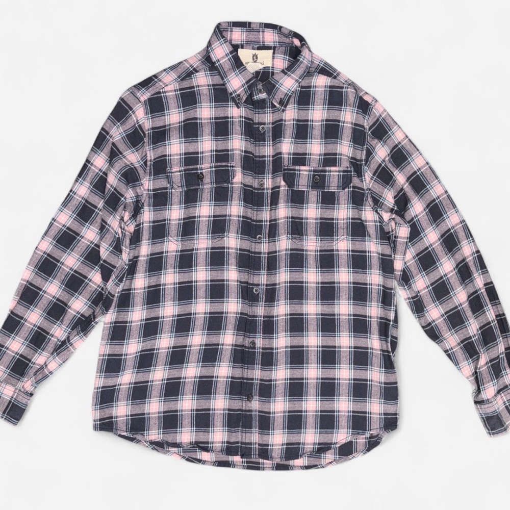 Legends & Soul Pink Navy Light Blue Plaid Flannel Shirt Men’s L